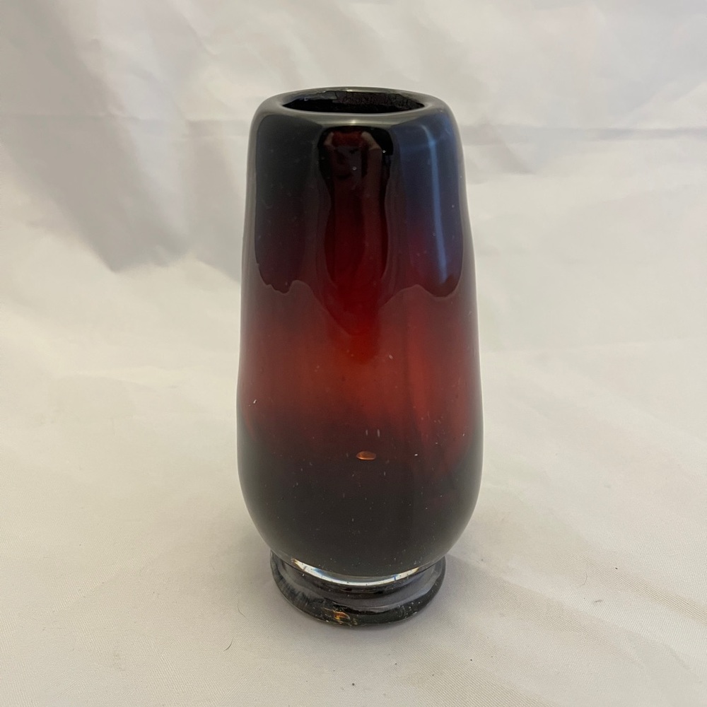 Art Glass Footed Vase, Hand Blown, 6" Red Brownish Color, Vintage EUC